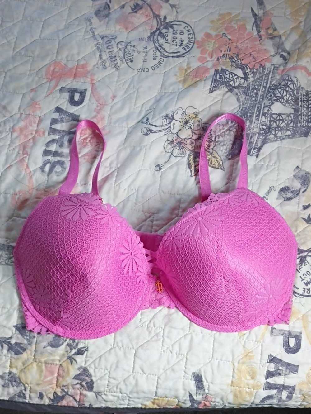 Juicy Couture Bright Pink Lace Trim Bra Size 38DD